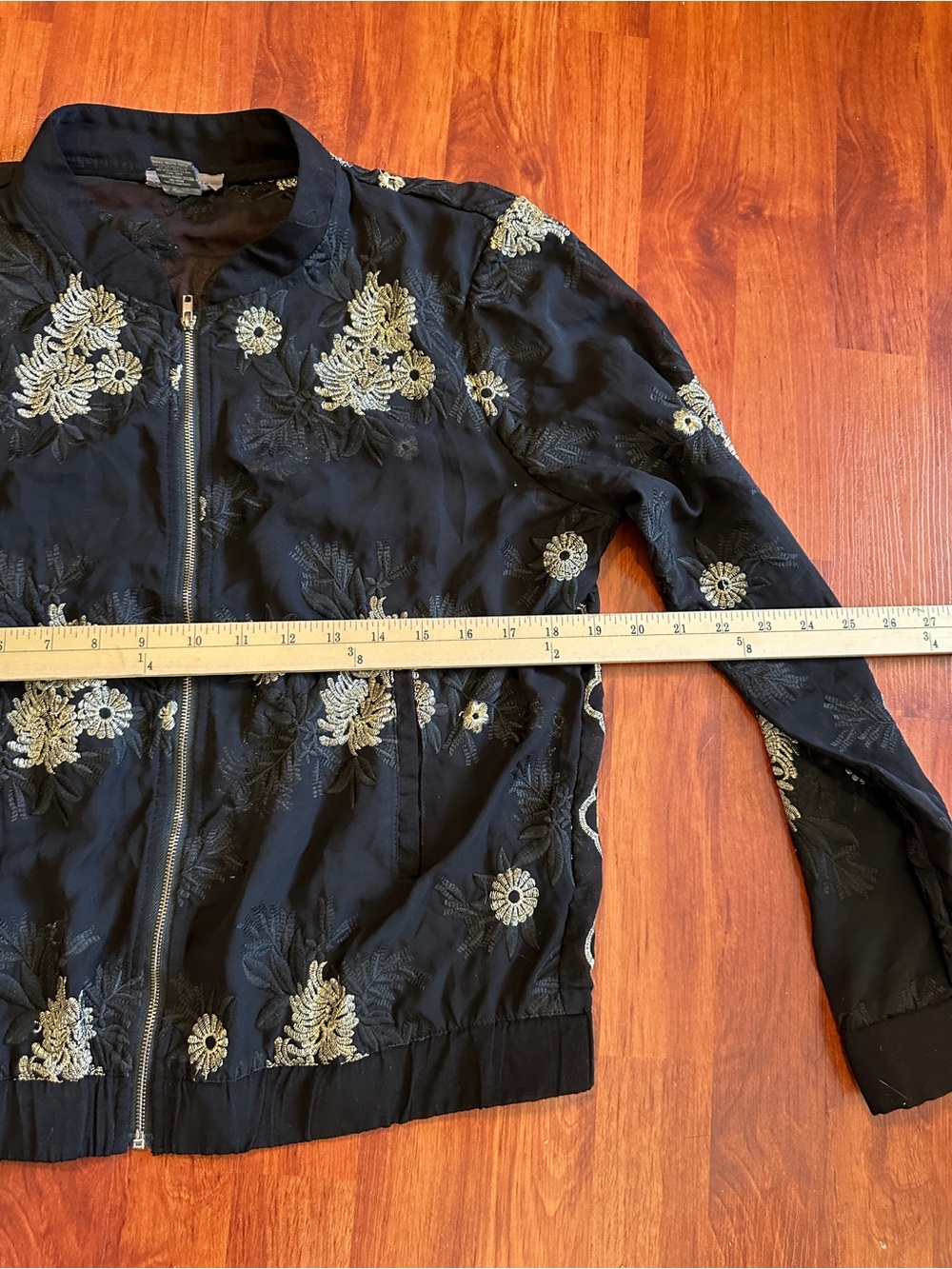 Sans Souci Black Sheer Bomber Jacket with Gold Floral Embroidery - Picture 7 of 9